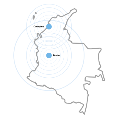 Mapa de Colombia destacando las ciudades de Pereira y Cartagena